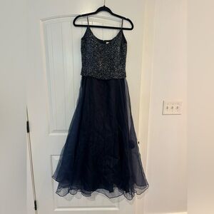 Tiffany Designs Navy and Silver Prom Dress